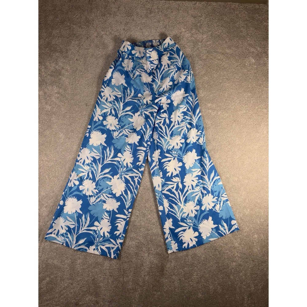 jodifl‎ tropical wide leg pull on pants blue print light  Flowy Small